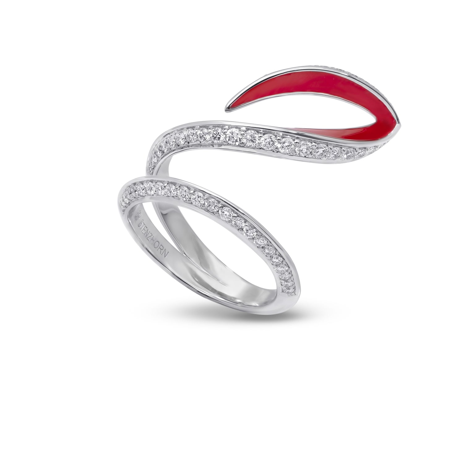 VIVA geschwungener Ring mit Diamant und roter Emaille